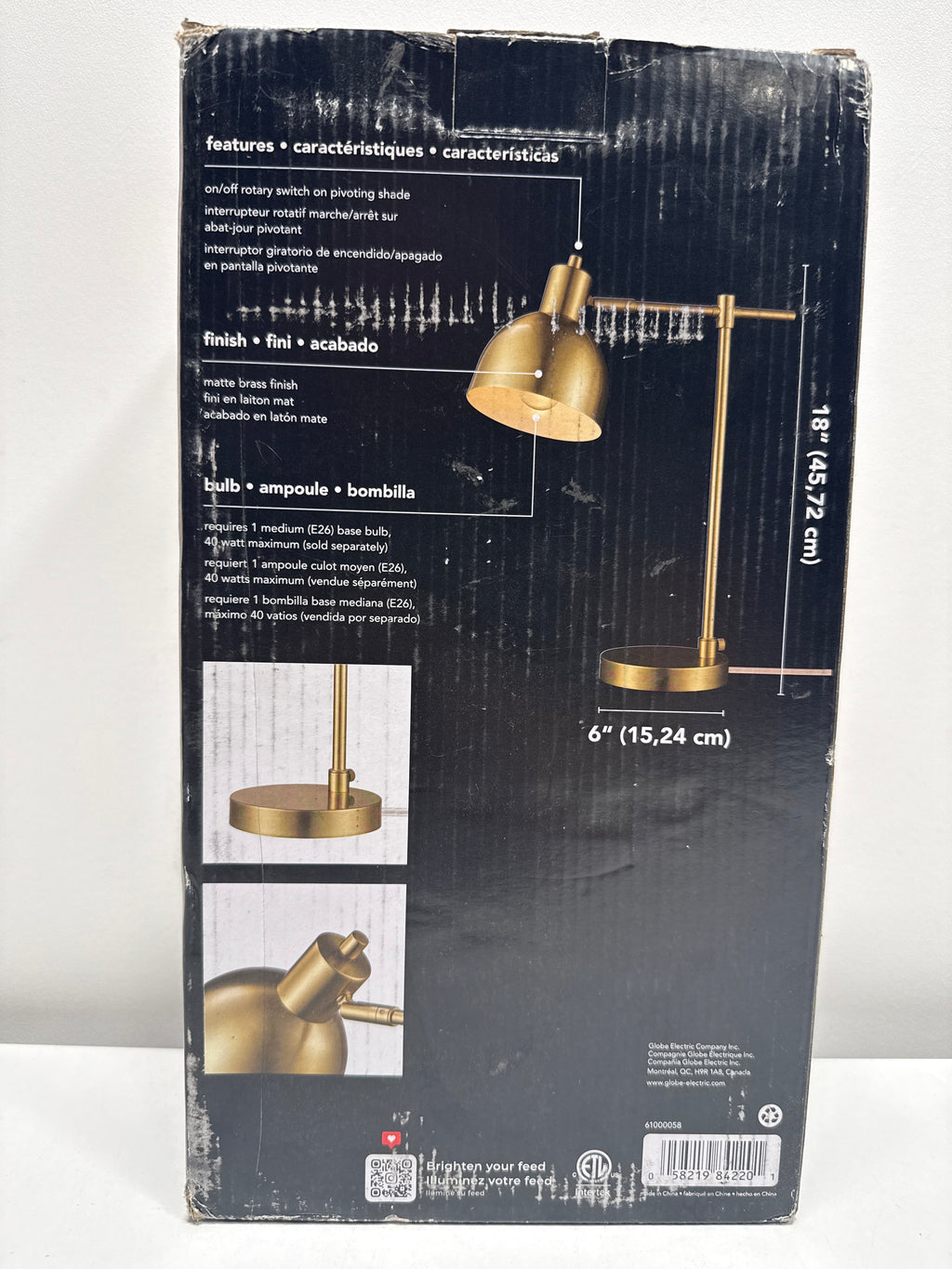 Globe Electric 61000058 18" Desk Lamp, Matte Brass Finish, Metal Shade, Adjustable Pivot Joint, Rotary Switch, Modern Lighting for Bedroom or Office, Timeless, Lights for Home, E26 Base