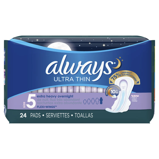 Always Always Ultra Thin Pads Size 5 Extra Heavy Overnight Absorbency Unscented with Wings, 72