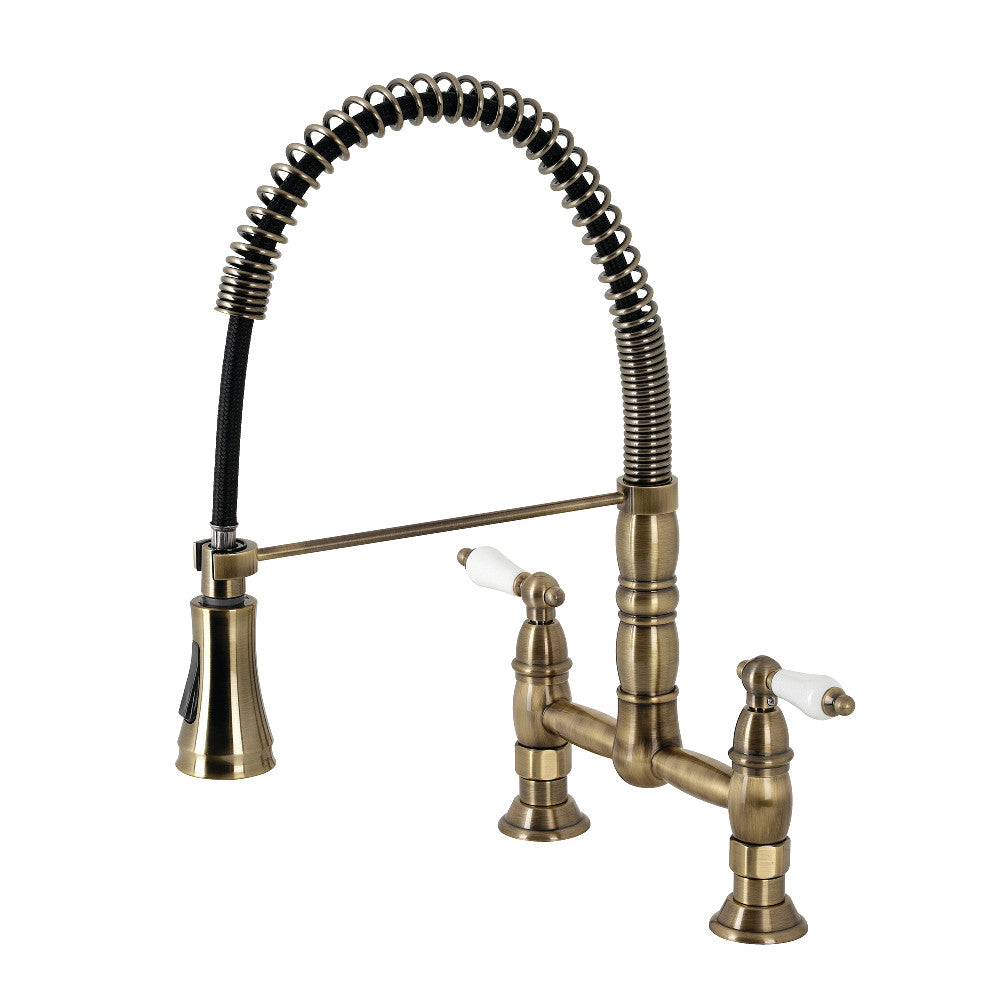 Used- Gourmetier GS1273PL Heritage Two-Handle Deck-Mount Pull-Down Sprayer Kitchen Faucet, Antique Brass