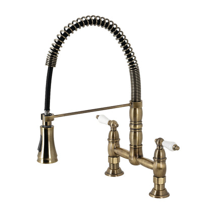 Used- Gourmetier GS1273PL Heritage Two-Handle Deck-Mount Pull-Down Sprayer Kitchen Faucet, Antique Brass