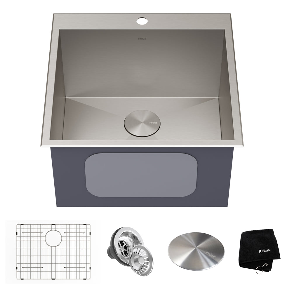 Kraus Standart PRO 22" Drop-In Single Basin Stainless Steel Utility Sink with Basin Rack and Basket Strainer