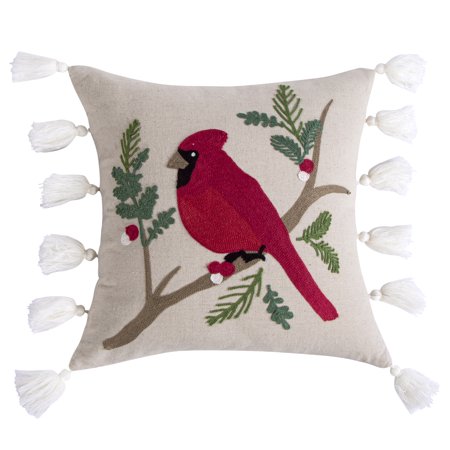 Thatch Home Joy Birds by Levtex Home - Decorative Pillow (18x18in.) - Cardinal - Red Green Brown Black White Taupe