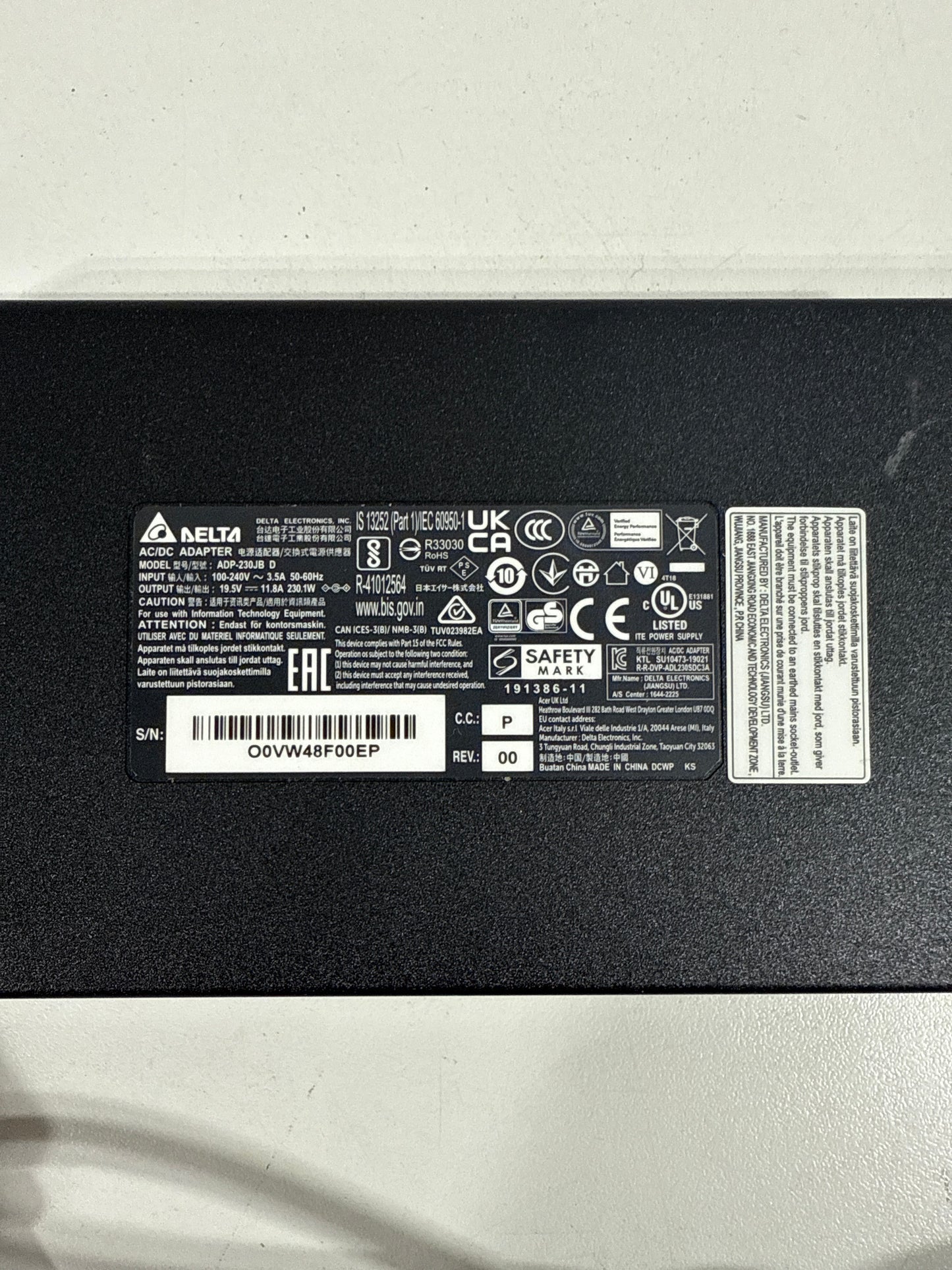 230W Adapter Charger for Acer X27U Xbmiipruzx Monitor 19.5V 11.8A Power Supply