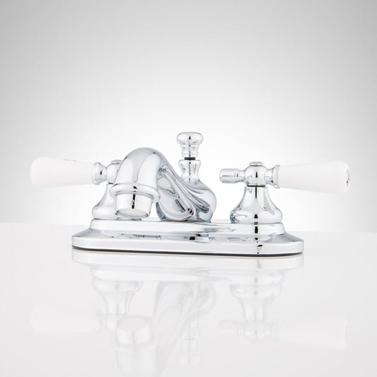 Signature Hardware 338783 Teapot Centerset Bathroom Faucet with Small Porcelain Lever Handles and Pop-Up Drain Assembly