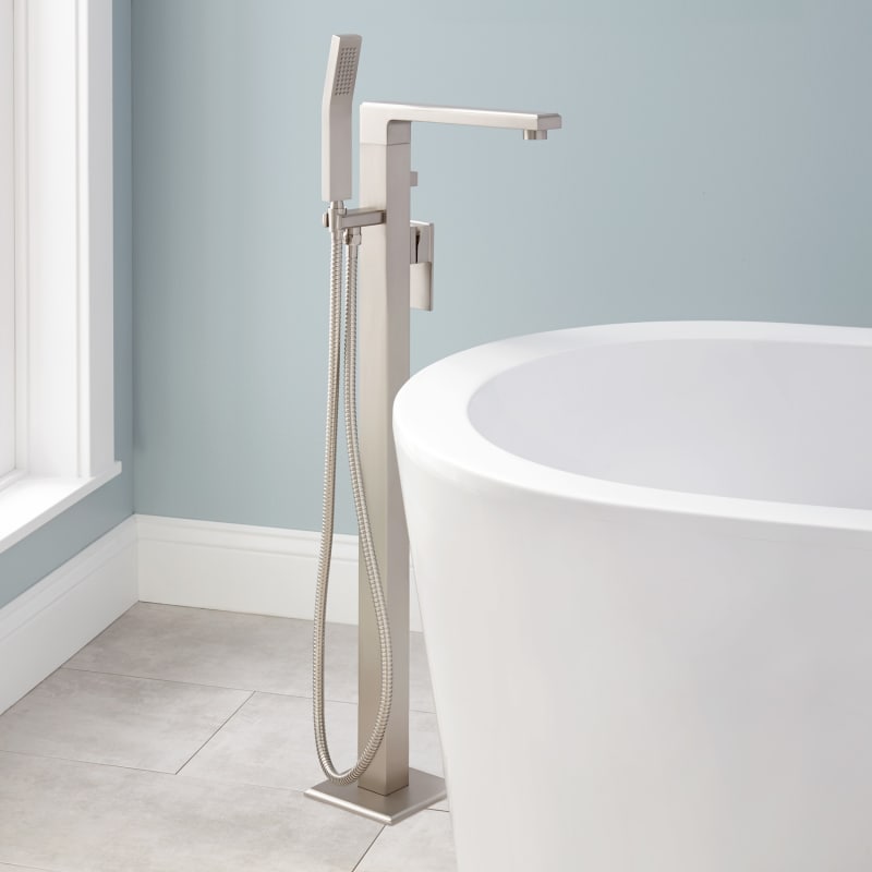 Signature Hardware 934423 Ryle Floor Mounted Tub Filler- Includes Hand Shower Brushed Nickel