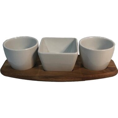 Gracious Dining 4 Piece Fine Ceramic Tidbit Dish Set with Acacia Wood Base