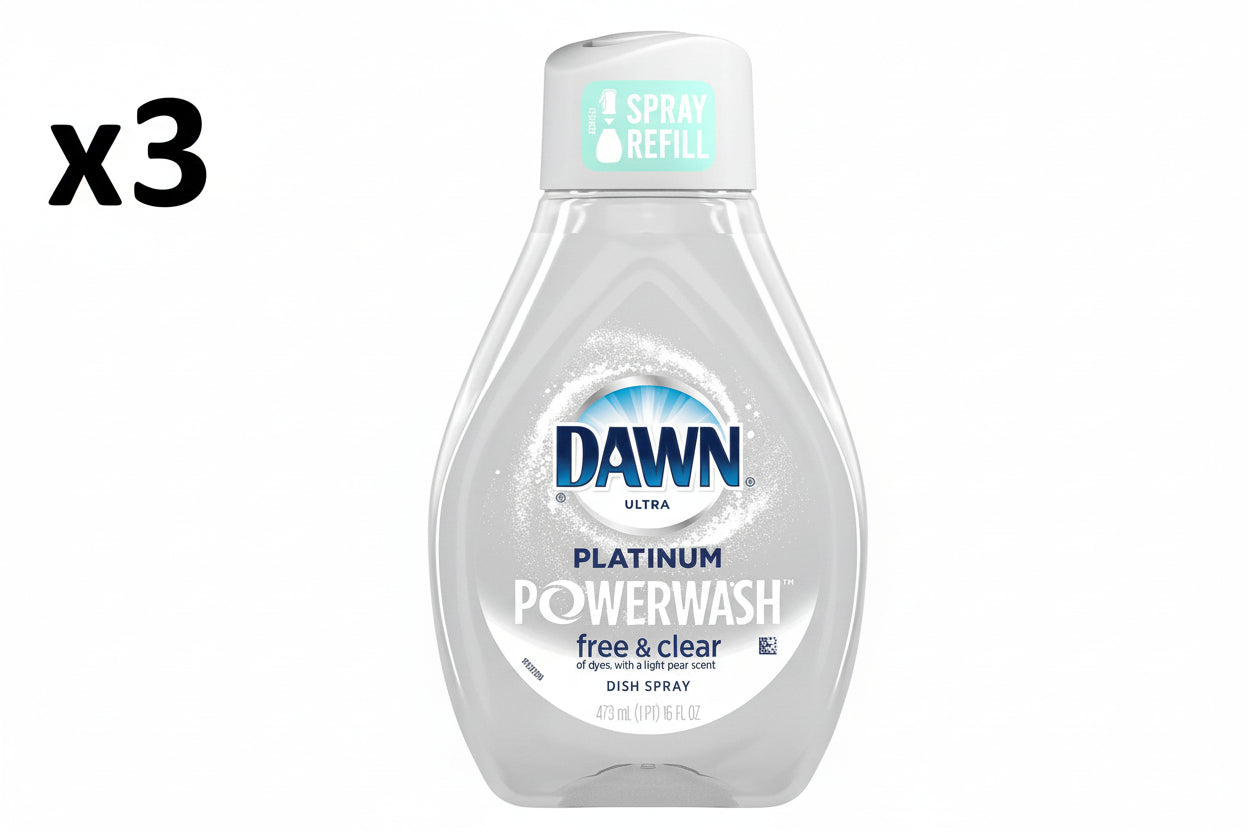 3 x Dawn Platinum Powerwash Spray Refill - Free & Clear - 16 Fl Oz - *Kitchen & Dining