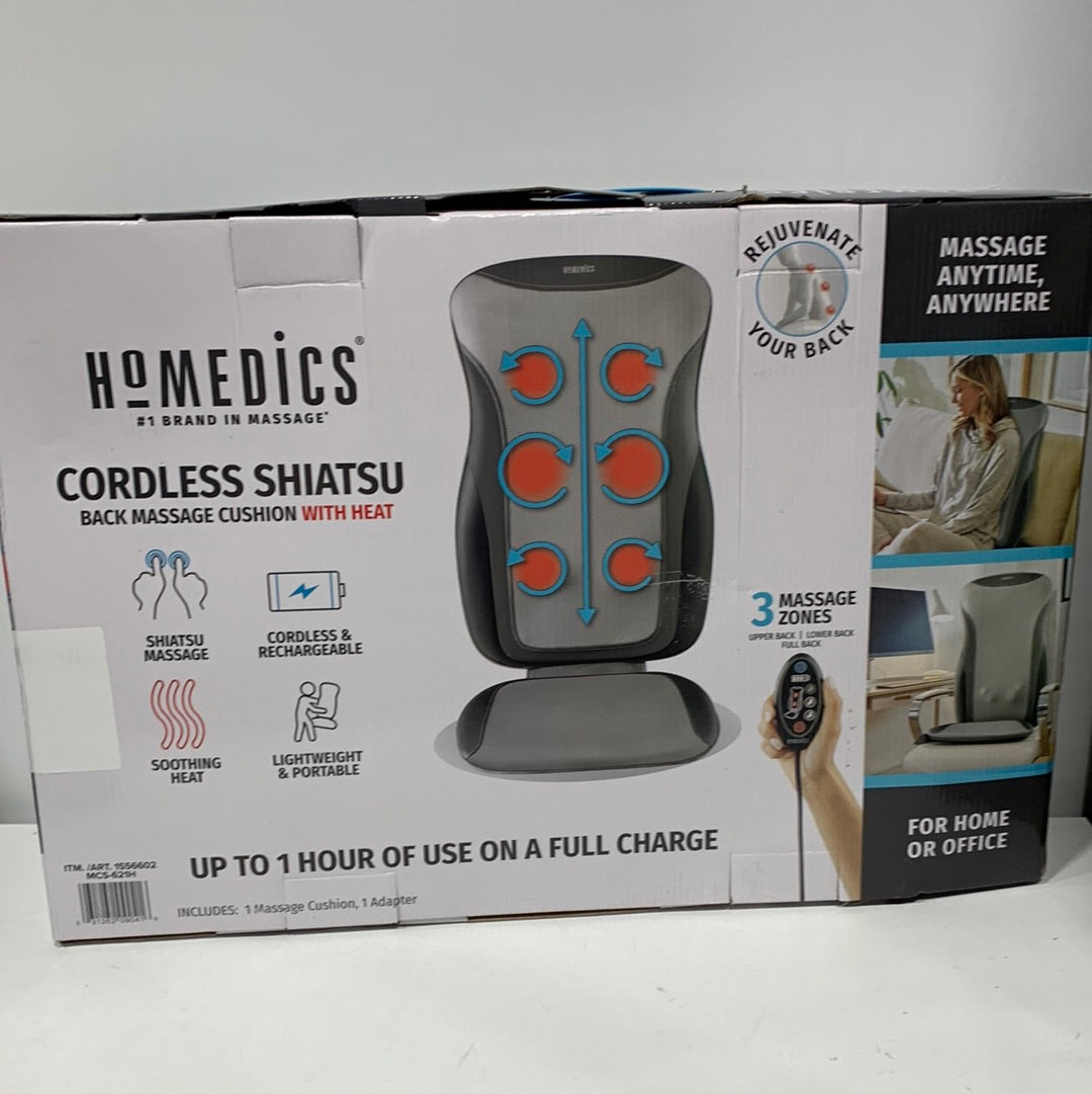 HoMedics Cordless Heated Deep Tissue Shiatsu Massage Cushion with 3 Massage Zones For Full Back Massage Coverage and Rechargeable Battery