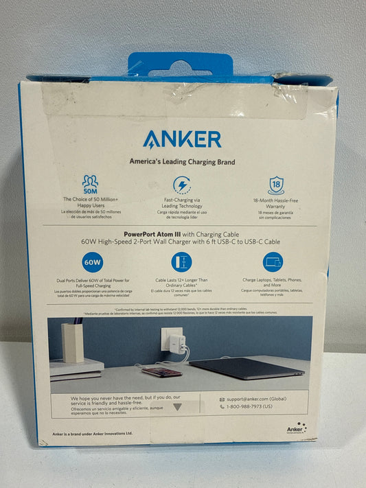 Anker - PowerPort PD 60W GaN Fast Charger and USB-C to C Cable 6ft for Macbook and Mobile Devices - White