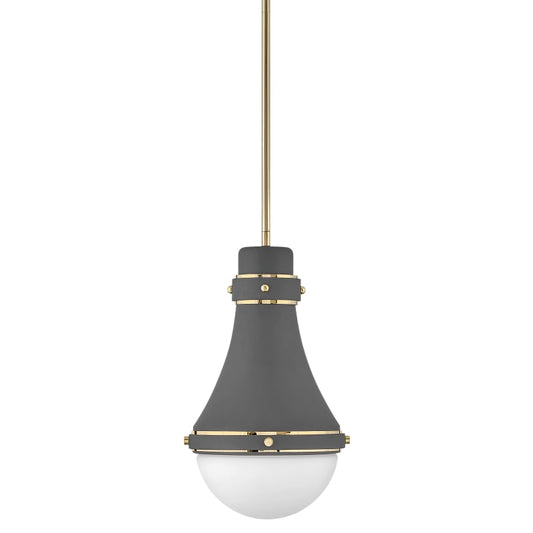 See Desc Hinkley Oliver 39057DMG Small Pendant Ceiling Light - Smooth Tapered Silhouette with a Rounded Etched Opal Glass Shade - in Dark Matte Grey + Bright Brass Accents
