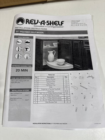 Rev-a-Shelf 6881-31-52 Classic Single 1 Shelf 31" Half Moon Pivot and Slide Lazy Susan for Blind Corner Cabinets Almond