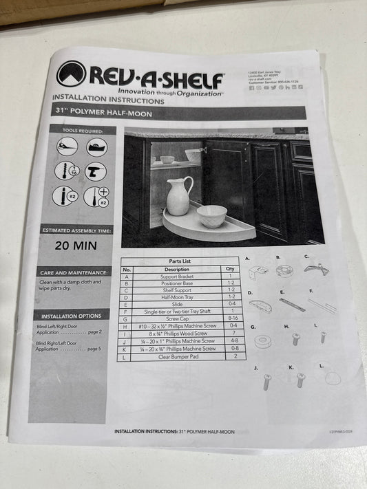 Rev-a-Shelf 6881-31-52 Classic Single 1 Shelf 31" Half Moon Pivot and Slide Lazy Susan for Blind Corner Cabinets Almond