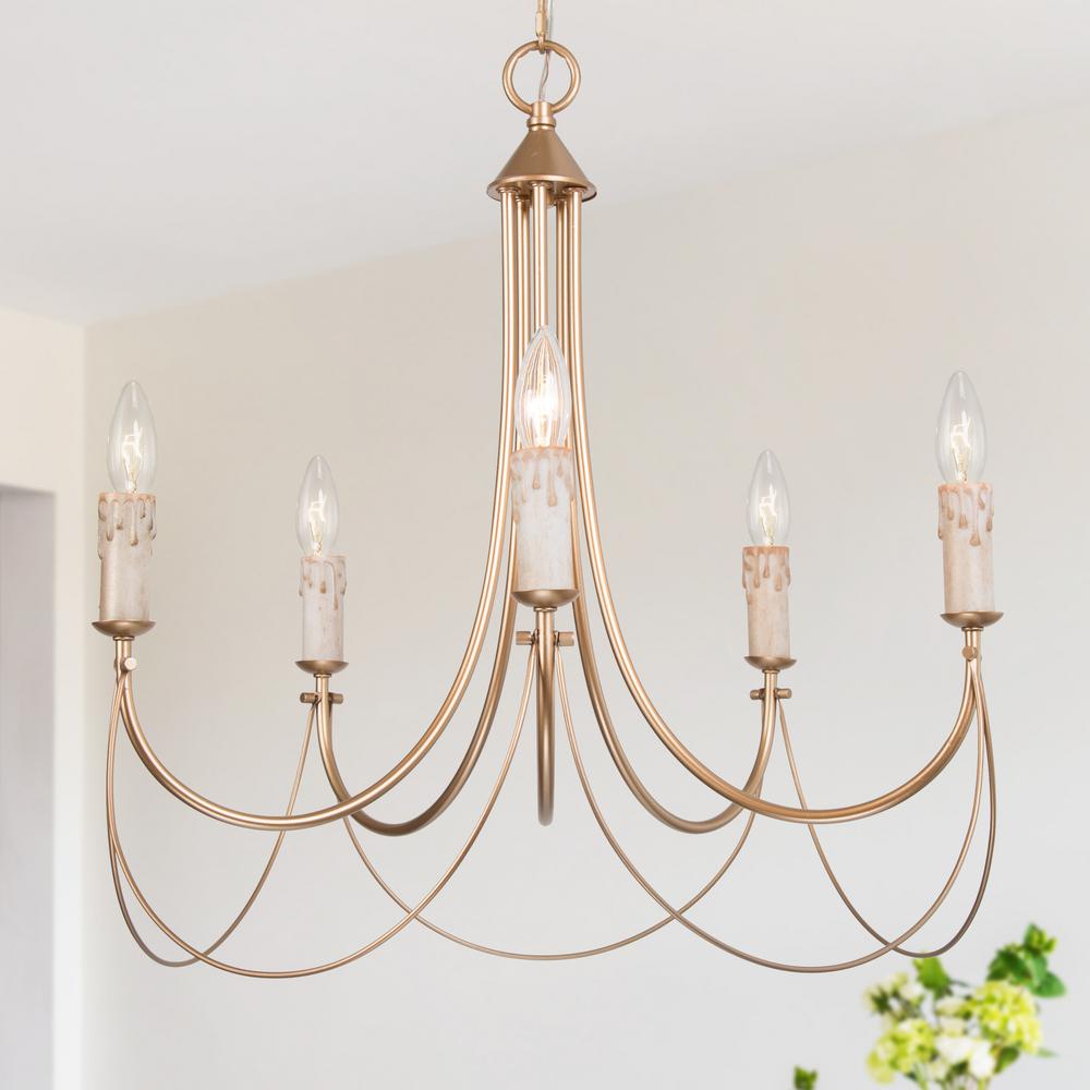 LNC Modern Satin Gold French Country Farmhouse 5-Light Chandelier Vintage Candlestick High Ceiling Light