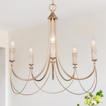 LNC Modern Satin Gold French Country Farmhouse 5-Light Chandelier Vintage Candlestick High Ceiling Light