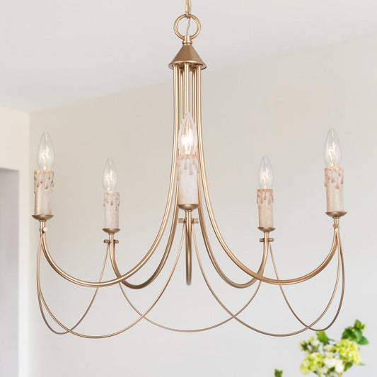 LNC Modern Satin Gold French Country Farmhouse 5-Light Chandelier Vintage Candlestick High Ceiling Light