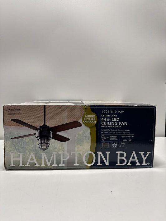 Hampton Bay Cedar Lake 44 in. Indoor/Outdoor LED Matte Black Damp Rated Downrod Ceiling Fan with Light Kit and 4 Reversible Blades (52109)