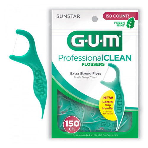 GUM Professional Clean flossers packaging with a green flosser on a white background