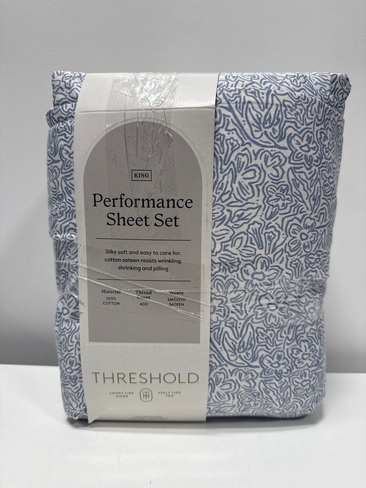 King Printed Performance 400 Thread Count Sheet Set Blue Floral - Threshold™: Cotton Sateen Includes 4 Pieces Fits 18’’