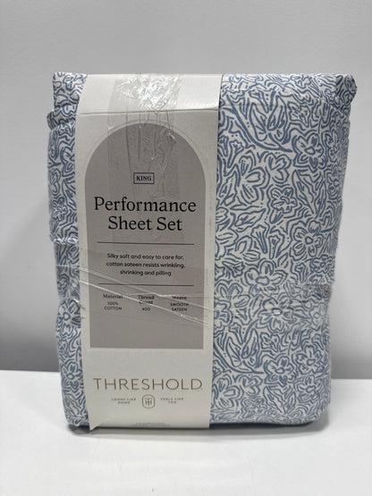 King Printed Performance 400 Thread Count Sheet Set Blue Floral - Threshold™: Cotton Sateen Includes 4 Pieces Fits 18’’