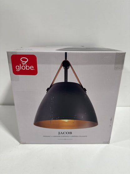 1-Light Pendant Light, Matte Black, Faux Leather Strap, Black Braided Fabric Designer Cord, Black Canopy, Pendant Light