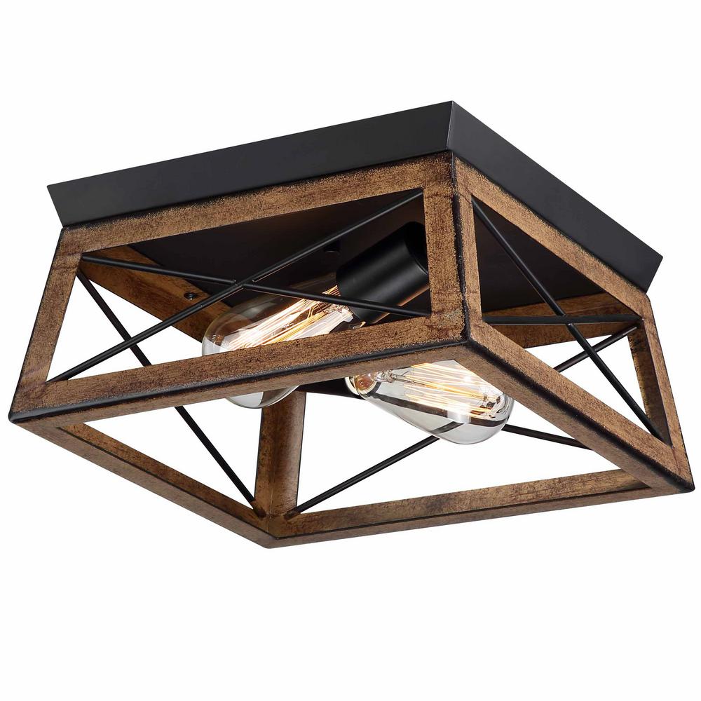 Pia Ricco 2-Light Farmhouse Barnwood and Matte Black Flush Mount Ceiling Light