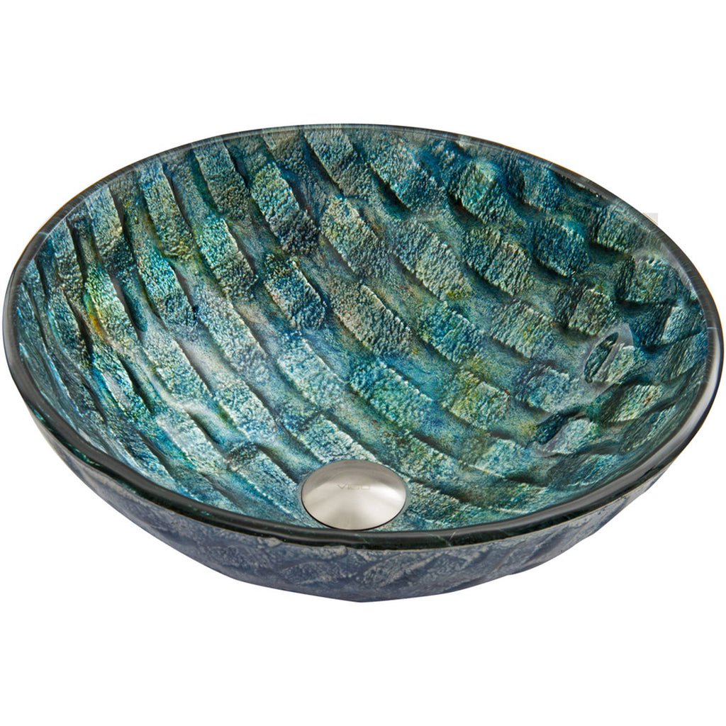 Vigo Vessel Sink Oceania Blue - 17” Artistic Round Bowl Sink for Bathrooms, Tempered Glass Above Counter Bathroom Sink with NonStickShield, QuickDrain & TempGuard, Modern Luxury Design