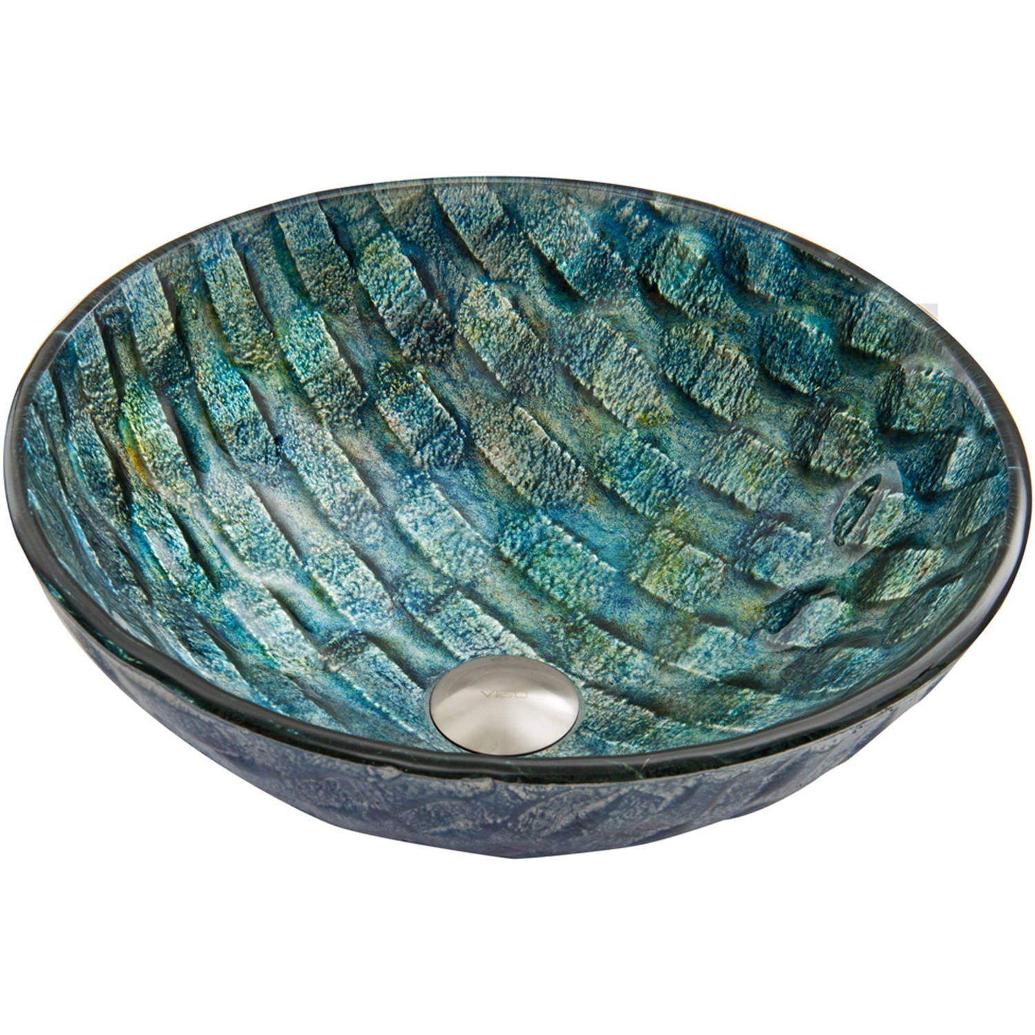 Vigo Vessel Sink Oceania Blue - 17” Artistic Round Bowl Sink for Bathrooms, Tempered Glass Above Counter Bathroom Sink with NonStickShield, QuickDrain & TempGuard, Modern Luxury Design