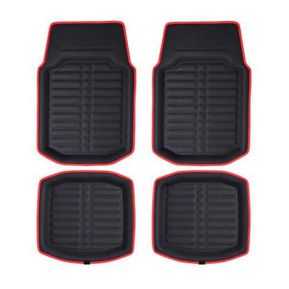 FH Group 3D Faux Leather Deep Tray 4 Piece Floor Mats Red and Black