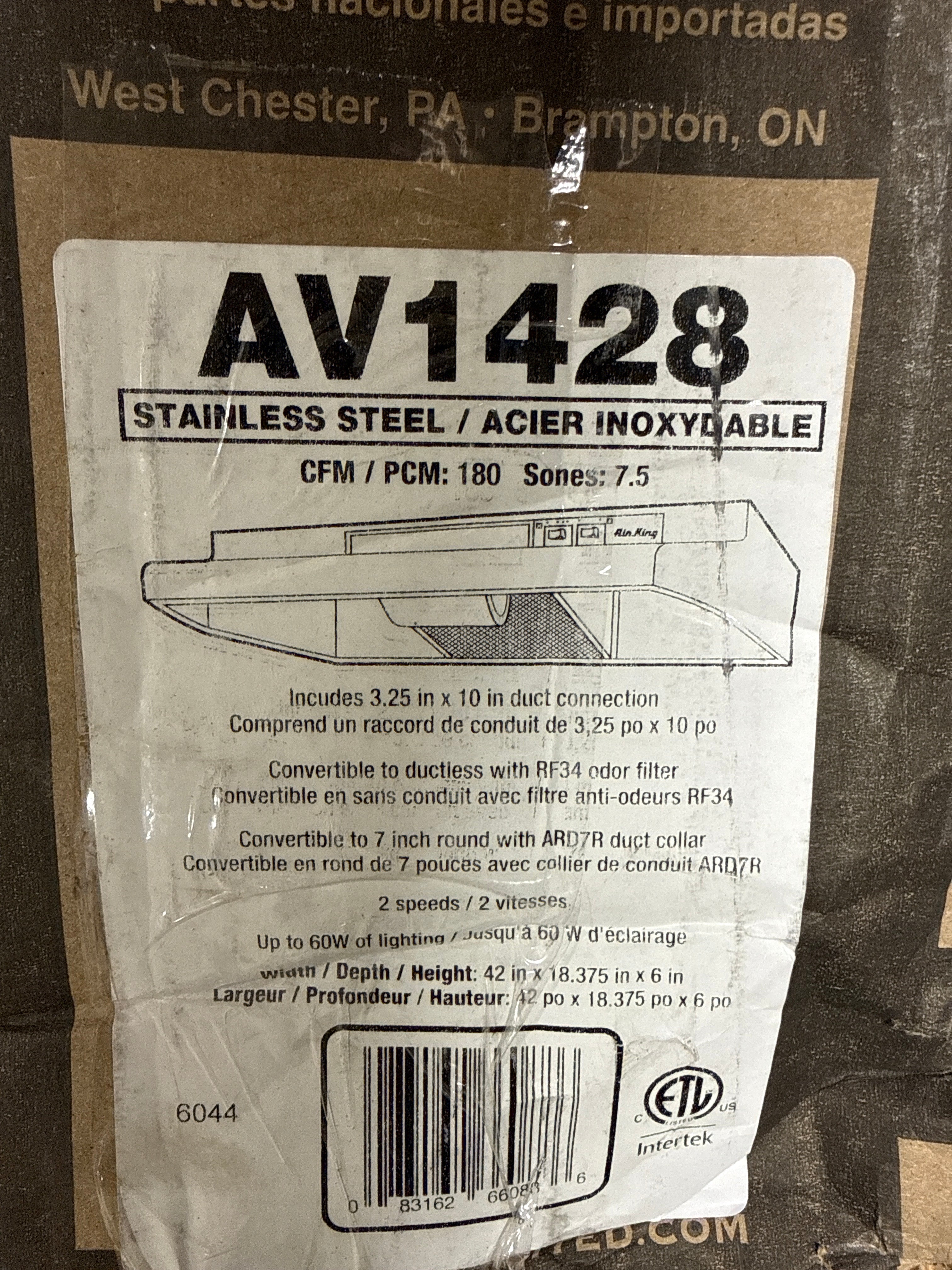 Dent Air King AV1428 Advantage Convertible Under Cabinet Range Hood with 2-Speed Blower and 180-CFM, 7.0-Sones, 42-Inch Wide, Stainless Steel Finish