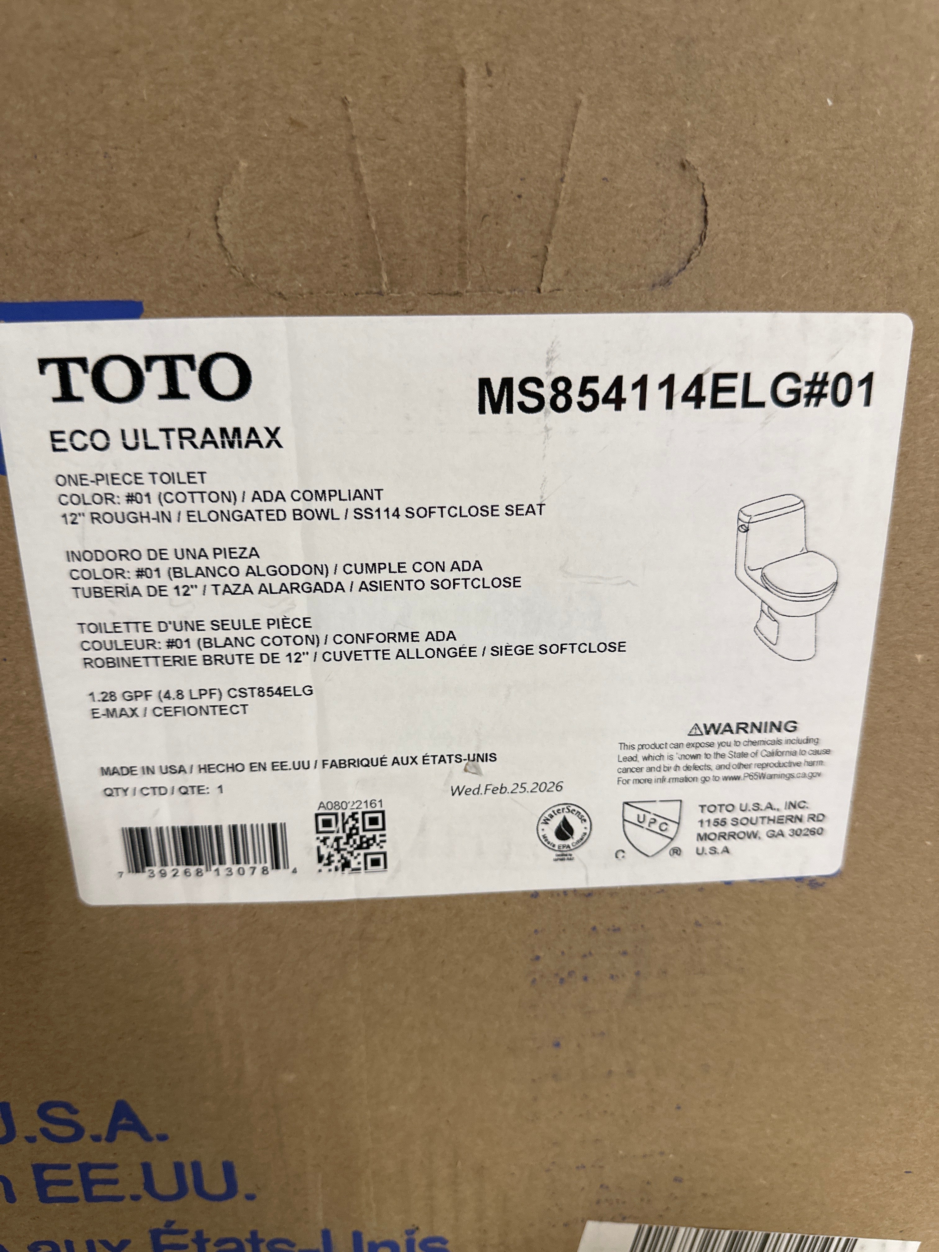 Toto Ms854114elg Eco Ultramax One Piece Elongated 1.28 Gpf Ada Toilet - Cotton