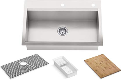 KOHLER 80084-2PC-NA Task™ 33" Top-/Undermount Single-Bowl Workstation Sink, Includes Kitchen Sink Accessories, Stainless Steel, 2 Faucet Holes