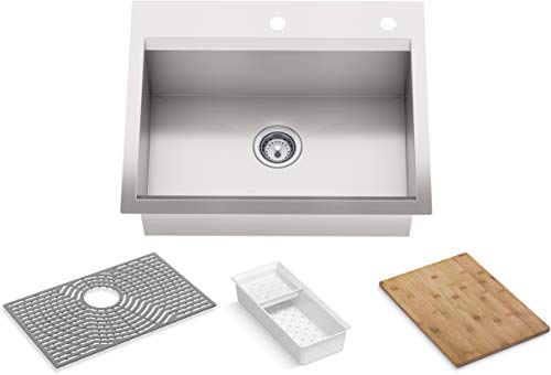 Kohler K-80086-2PC Task 27" Undermount Single Basin Stainless Steel Kitchen Sink with Basket Strainer Colander and Cutting Board Sinks Kitchen