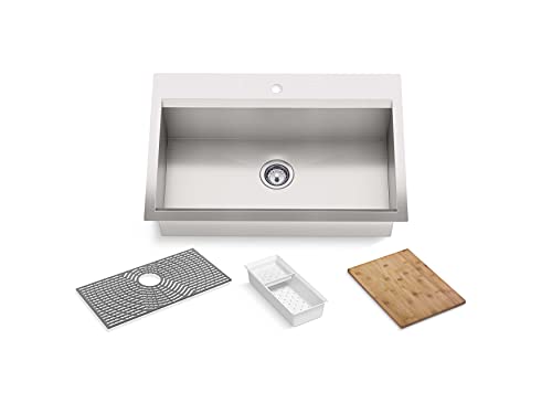 KOHLER 80084-1PC-NA Task™ 33" Top-/Undermount Single-Bowl Workstation Sink, Includes Kitchen Sink Accessories, Stainless Steel, 1 Faucet Hole