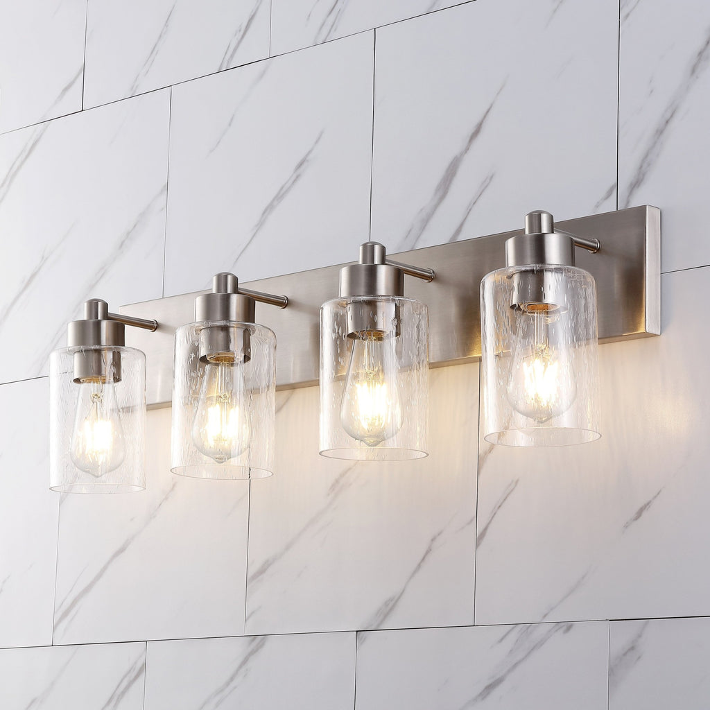JONATHAN Y 27.75" Nickel 4-Light Modern LED Vanity Light for Bathroom Mirror, Mid-Century Wall Sconce with Clear Seeded Glass Shades, Contemporary Iron Fixture, LED Bulbs (JYL7558A)