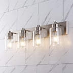 JONATHAN Y 27.75" Nickel 4-Light Modern LED Vanity Light for Bathroom Mirror, Mid-Century Wall Sconce with Clear Seeded Glass Shades, Contemporary Iron Fixture, LED Bulbs (JYL7558A)