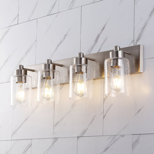JONATHAN Y 27.75" Nickel 4-Light Modern LED Vanity Light for Bathroom Mirror, Mid-Century Wall Sconce with Clear Seeded Glass Shades, Contemporary Iron Fixture, LED Bulbs (JYL7558A)
