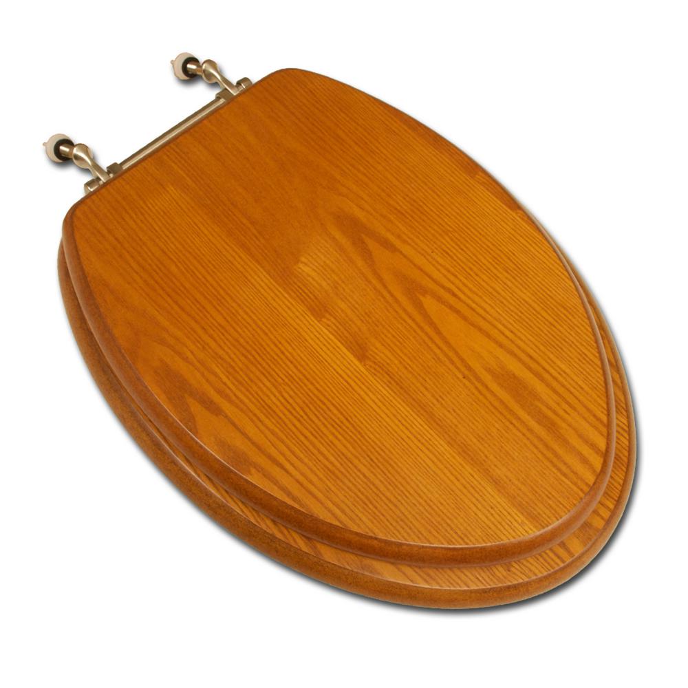 Decorative Wood Elongated Closed Front Toilet Seat with Cover and Brushed Nickel Hinge in Light Oak
