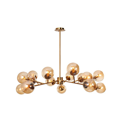 Higginsville 15-Light Farmhouse Brass Sputnik Sphere Linear Pendant Chandelier with Amber Glass Shade