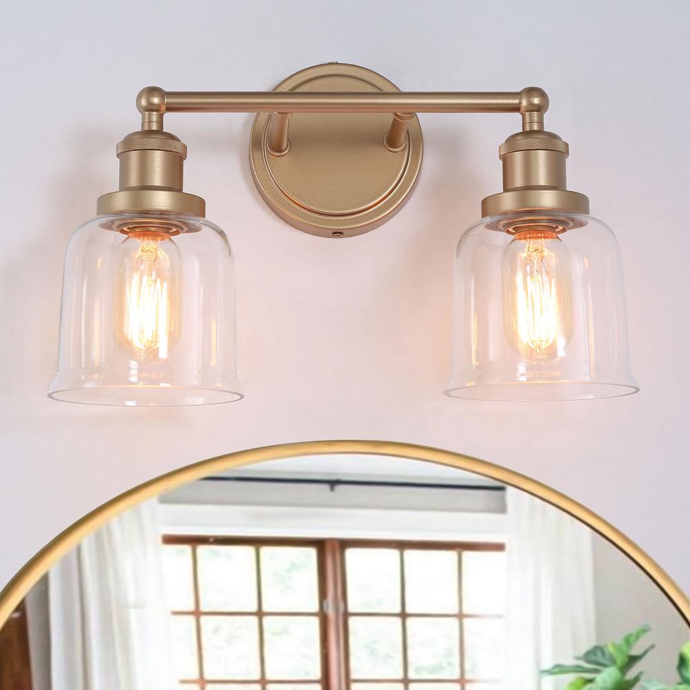 Coastal Bell Bathroom Vanity Light 2-Light Brass Gold Transitional Powder Room Wall Light with Clear Glass Shades