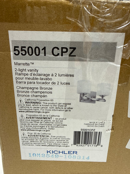 Kichler Marette 13.5 inch 2 Light Vanity Light with Satin Etched Cased Opal Glass in a Rich Champagne Bronze, for Bathroom and Powder Rooms, (13.5" W x 8" H), 55001CPZ