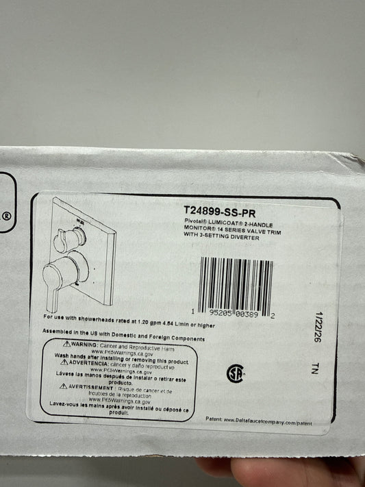 Delta T24899 Pivotal 14 Series Pressure Balanced Valve Trim with Integrated 3 Function Diverter for Two Shower Applications - Less Rough-in Lumicoat