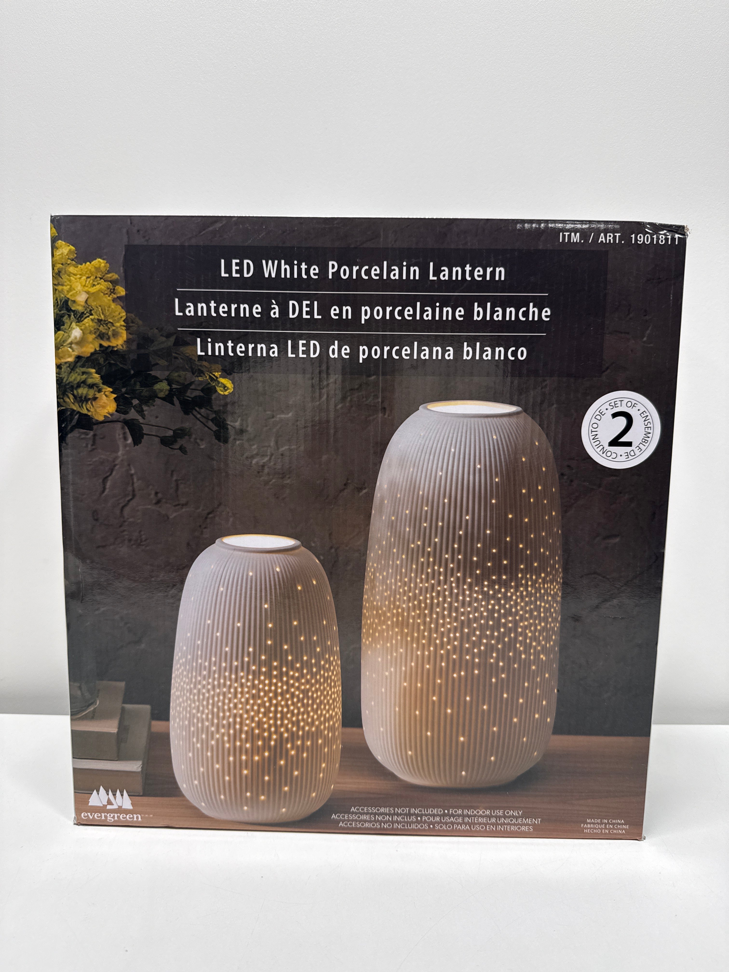 Evergreen LED Porcelain Lantern, Set of 2 White