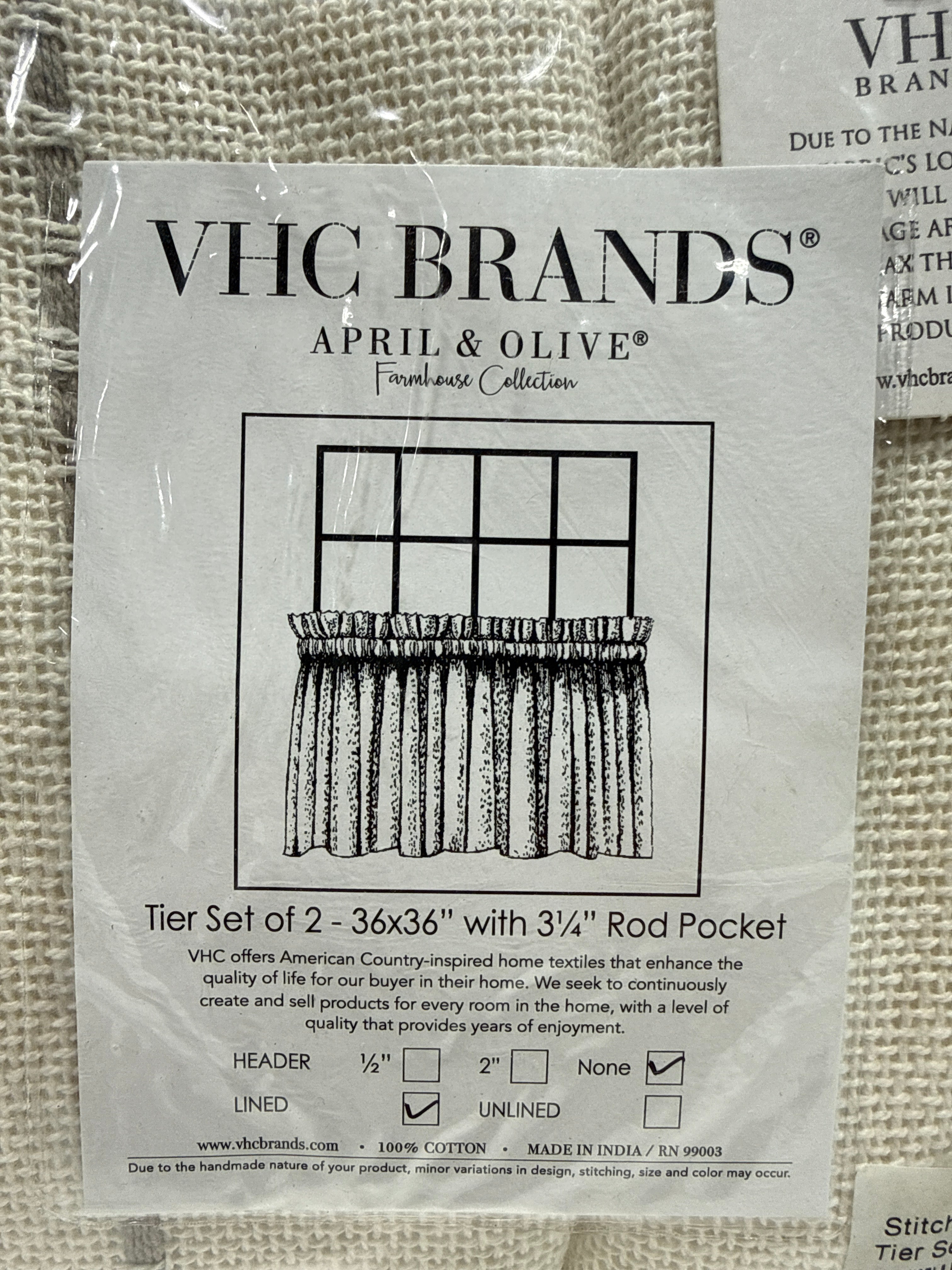 Stitched Burlap 36 in. W X 36 in. L Light Filtering Tier Window Panel in Soft White Dove Grey Pair