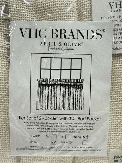 Stitched Burlap 36 in. W X 36 in. L Light Filtering Tier Window Panel in Soft White Dove Grey Pair