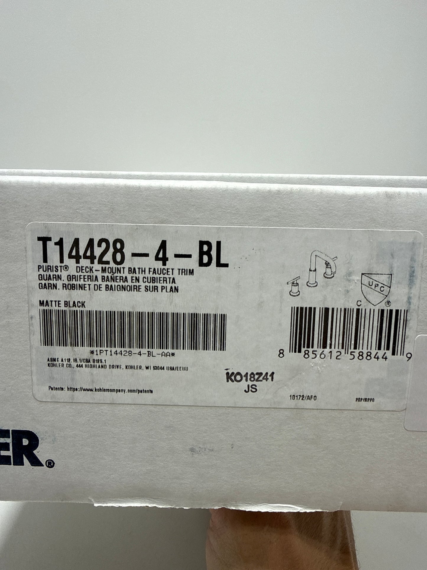 Kohler T14428-4-BL Purist Deck-Mount High-Flow Bath Faucet Trim with Lever Handles, Valve Not Included, Matte Black