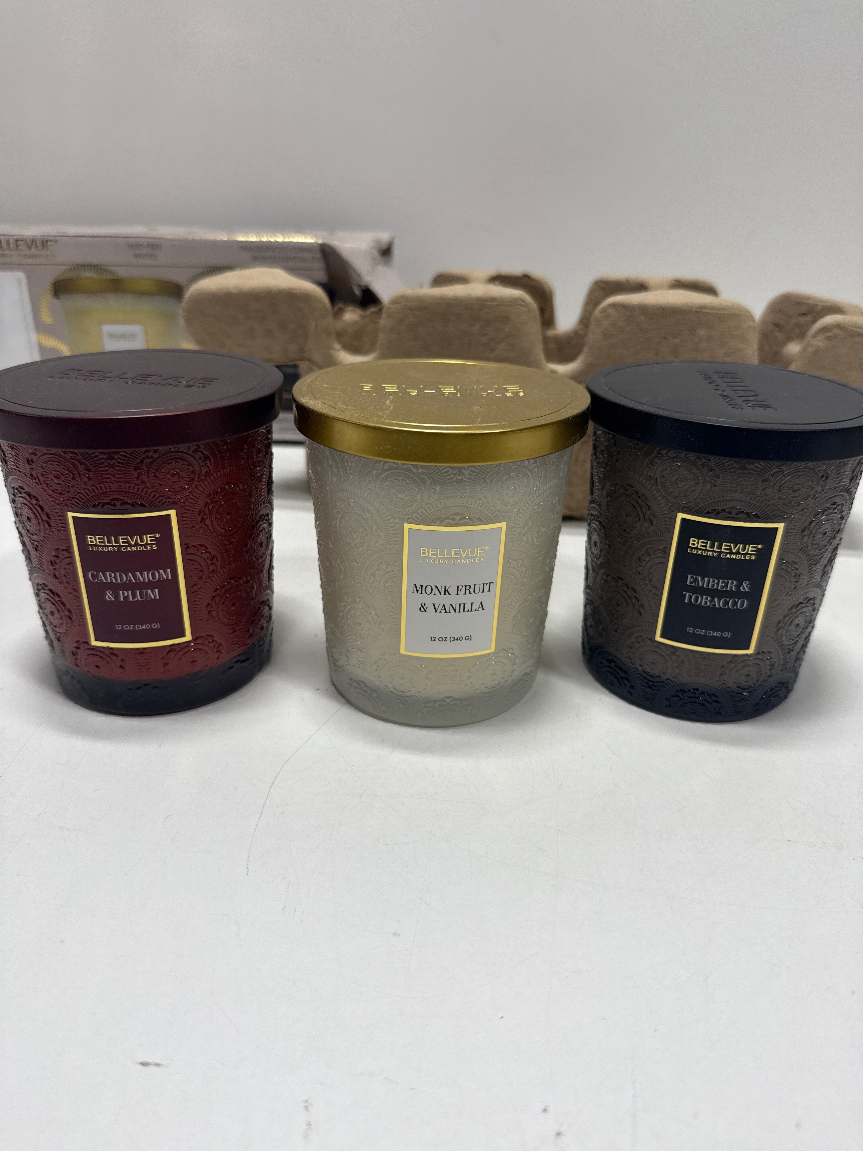 Bellevue Luxury Glass 12oz Scented Candle Set 3 pack Soy Blend Lead Free Wicks - *Home Decor & Curtains