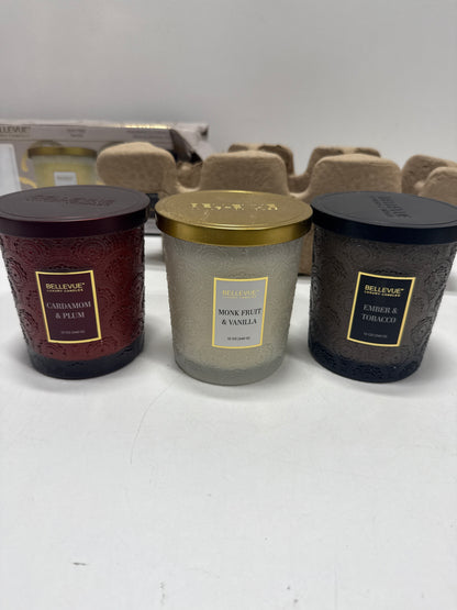 Bellevue Luxury Glass 12oz Scented Candle Set 3 pack Soy Blend Lead Free Wicks