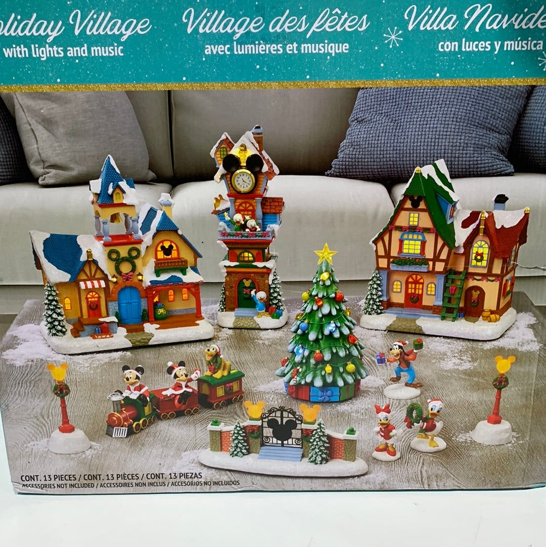 Disney Mickey Holiday Christmas Village Set 13-Piece 8 Holiday Songs Illuminated