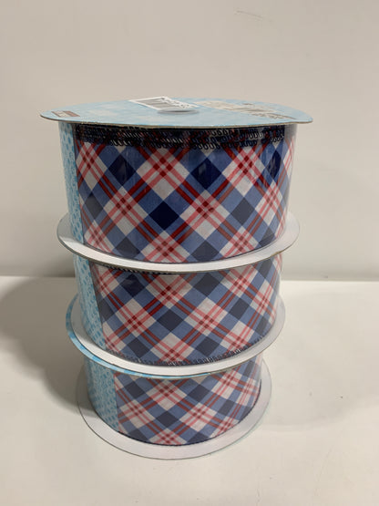 3 Kirkland Wire-Edged Ribbon Blue & Red Palid 2.5" Wide 50 YD