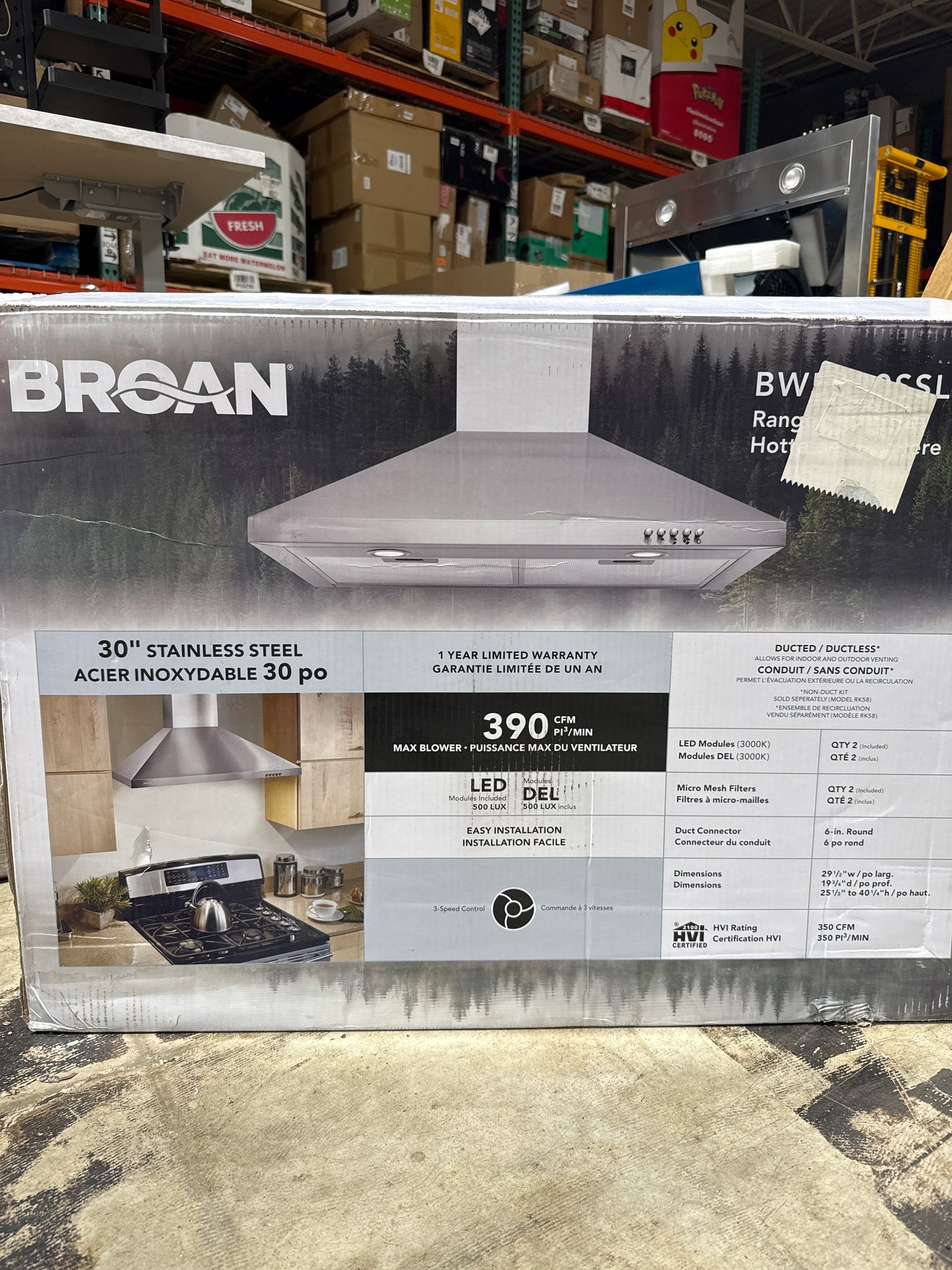 Broan-NuTone BW5030SSL Stainless Steel LED 30-inch Wall-Mount Convertible Chimney-Style Range Hood with 3-Speed Exhaust Fan and Light